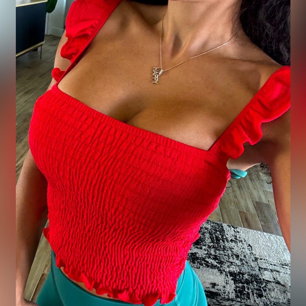#054 Red smocked Women's Top
